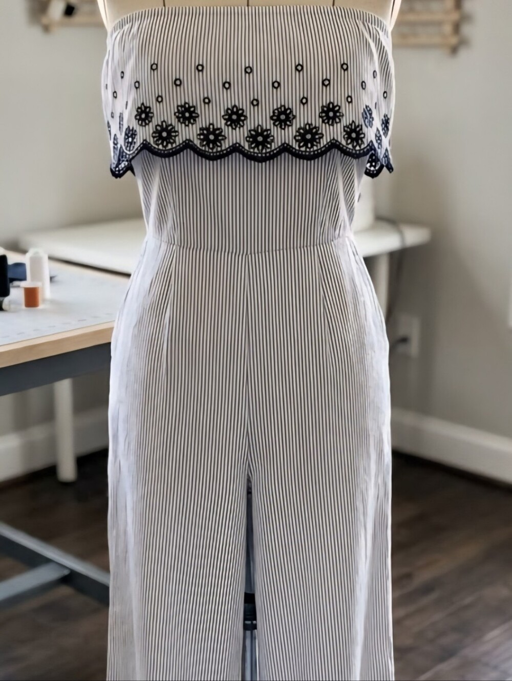 Japna Navy & White Strapless Pinstripe Jumpsuit with Embroidered Ruffle